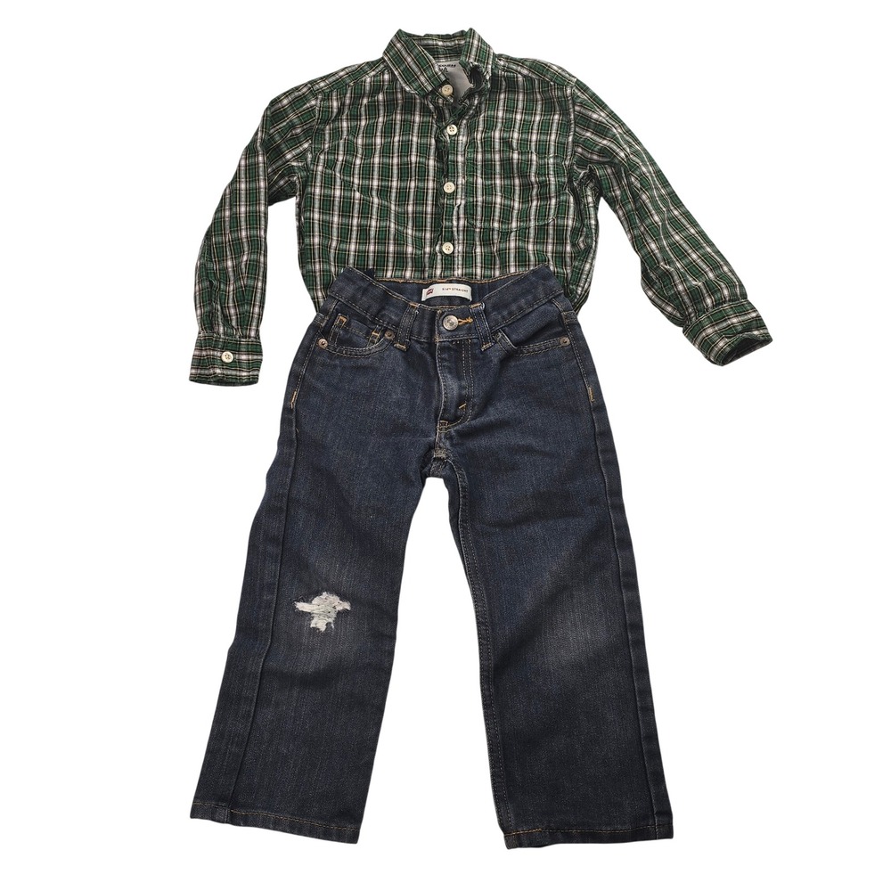 Boys OshKosh Plaid Shirt and Levis 514 Straight Jeans Set Green Blue Size 4T